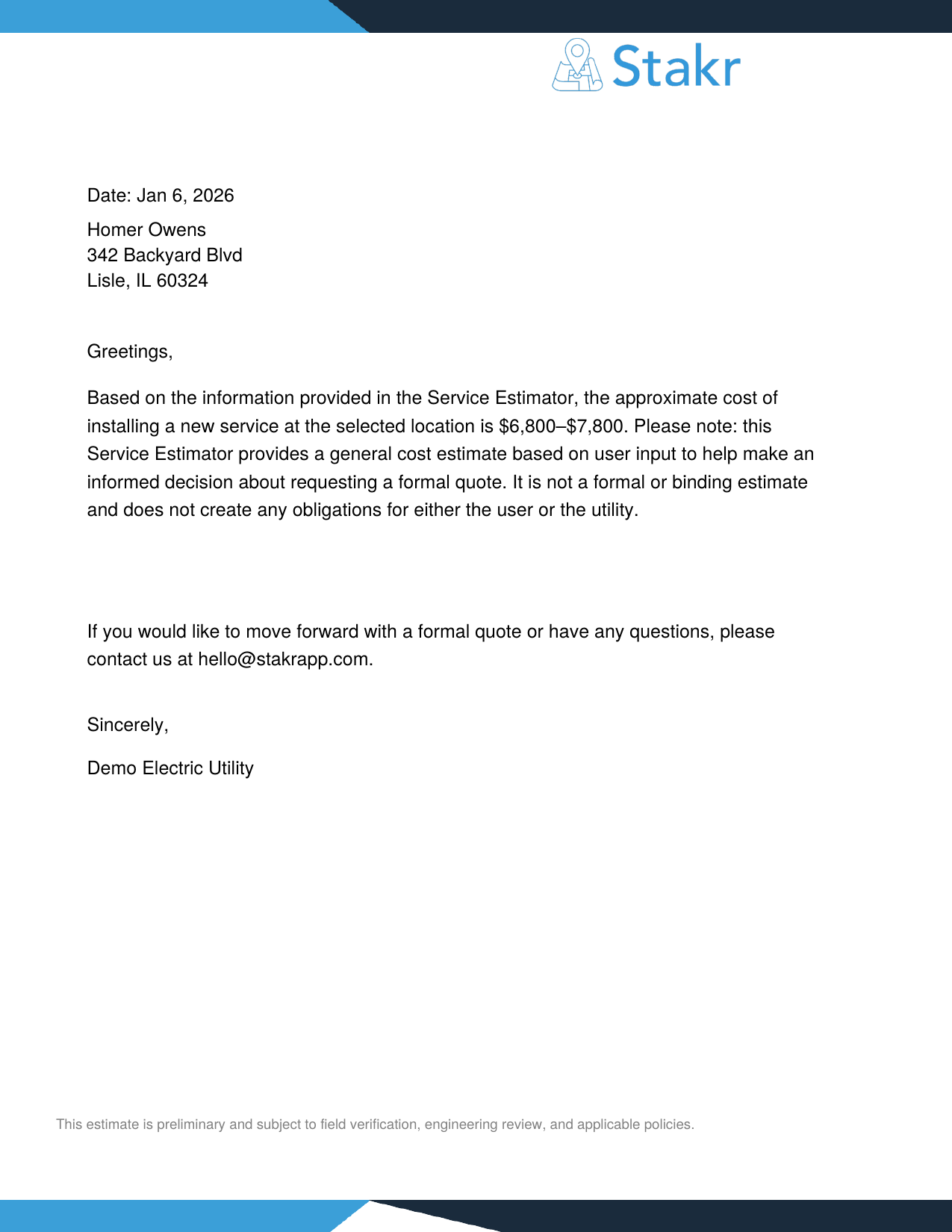 The estimate letter, generated and delivered automatically.